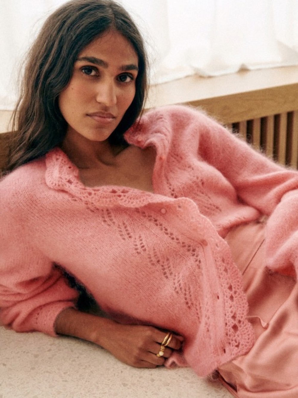 Sezane Soft Pink Lace-Trim Mohair Cardigan